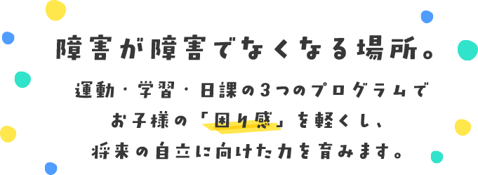 障害が障害でなくなる場所。運動・学習・日課の3つのプログラムでお子様の「困り感」を軽くし、将来の自立に向けた力を育みます。